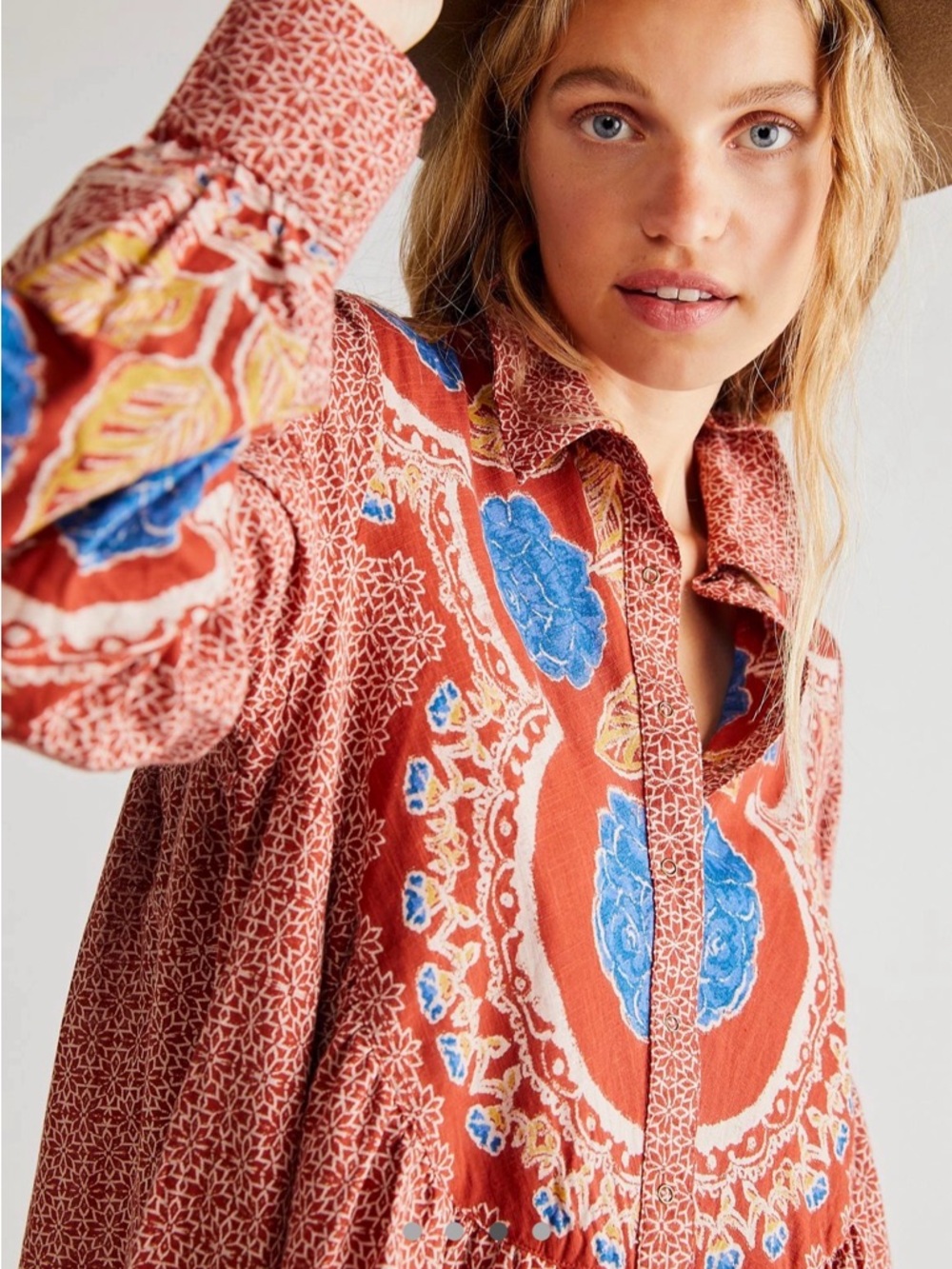 Free People Red Floral Border Print Dress with Blue Accents - Picture 3 of 7